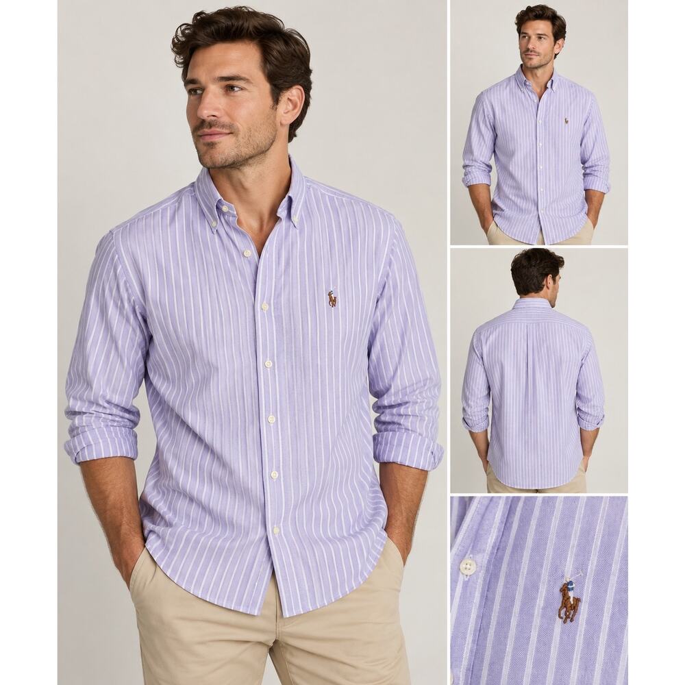 Ralph Lauren Classic Fit Oxford Shirt Large Lavender White Stripe 100% Cotton